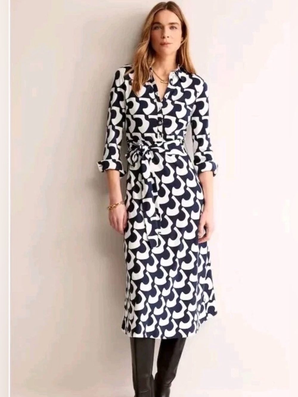 Boden Laura Jersey Midi Shirt Dress SIZE 8 L Navy White Belted Comfort - Picture 2 of 9